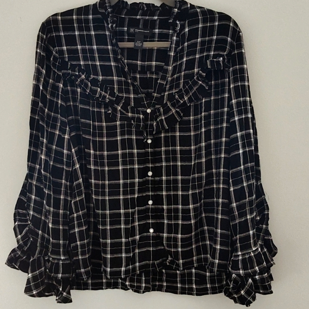 Plaid V Neck Blouse XL Petite Ruffle Detail Black & White Western INC Macy's